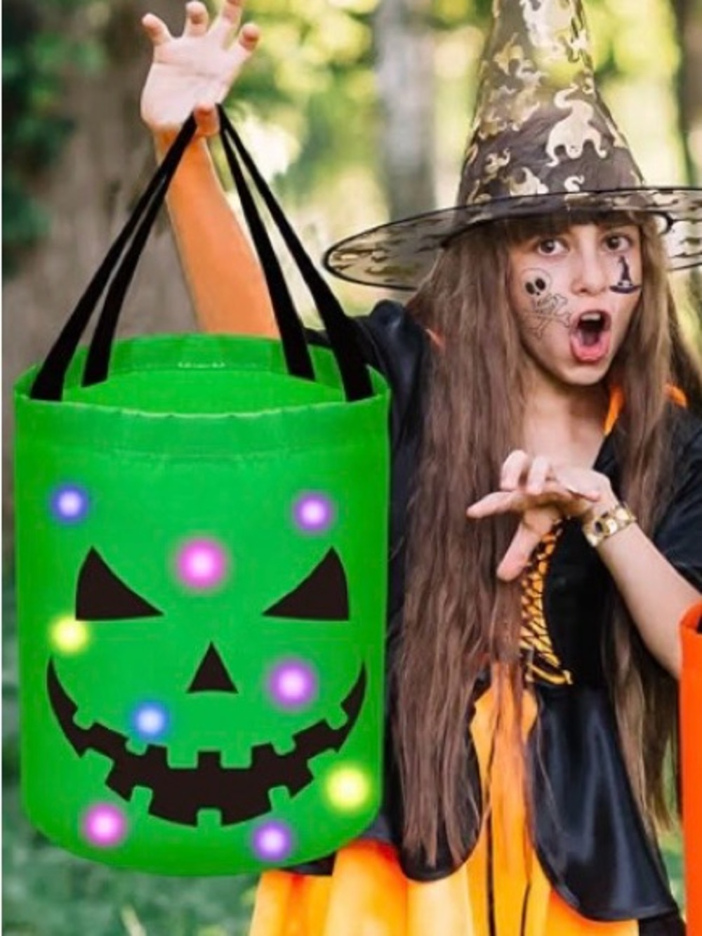 Light Up LED Halloween Trick or Treat Bag Green Monster Candy Bucket